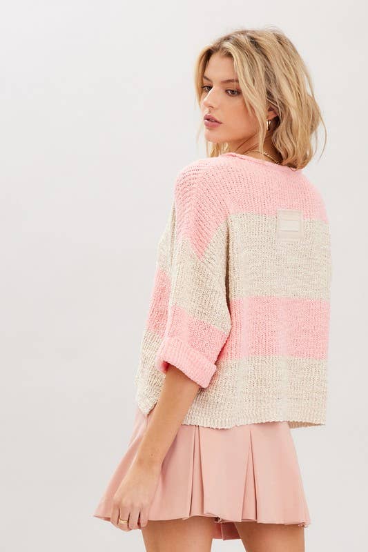 Striped Design Patch Sweater: Bubblegum Oatmeal / S