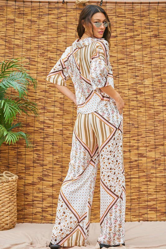 Printed Satin Top And Pants Set: Ivory Multi / L