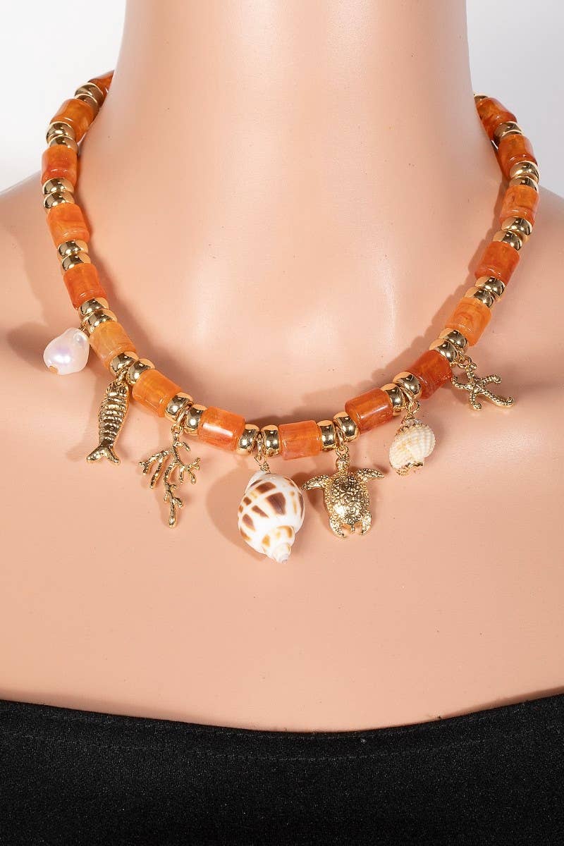Sea Life And Pearl Charms Stone Beaded Necklace: GDIVY
