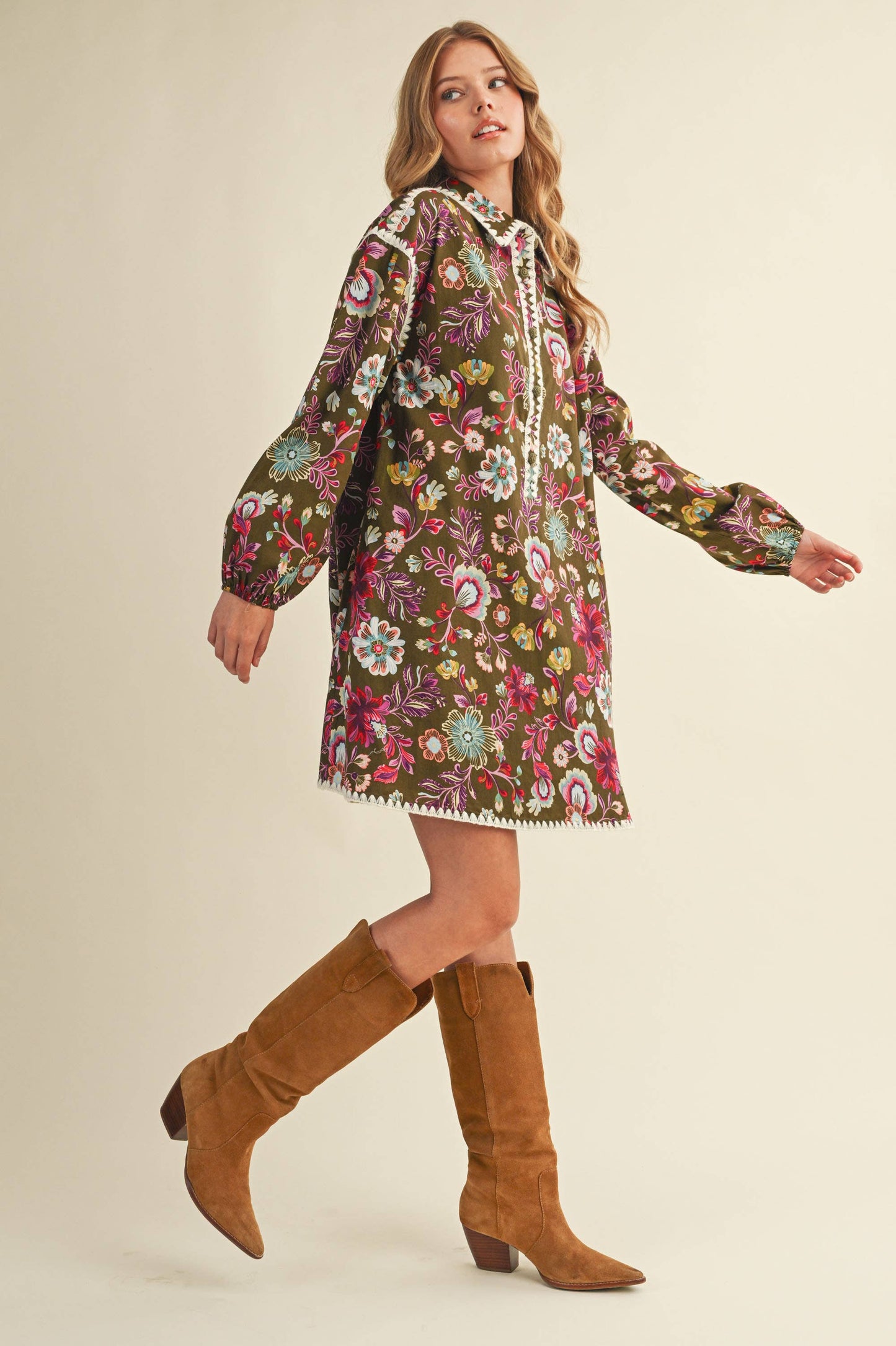 EXCLUSIVE PRINT BLANKET STITCH BUTTONED MINI DRESS MDR4298: Cream Multi / L