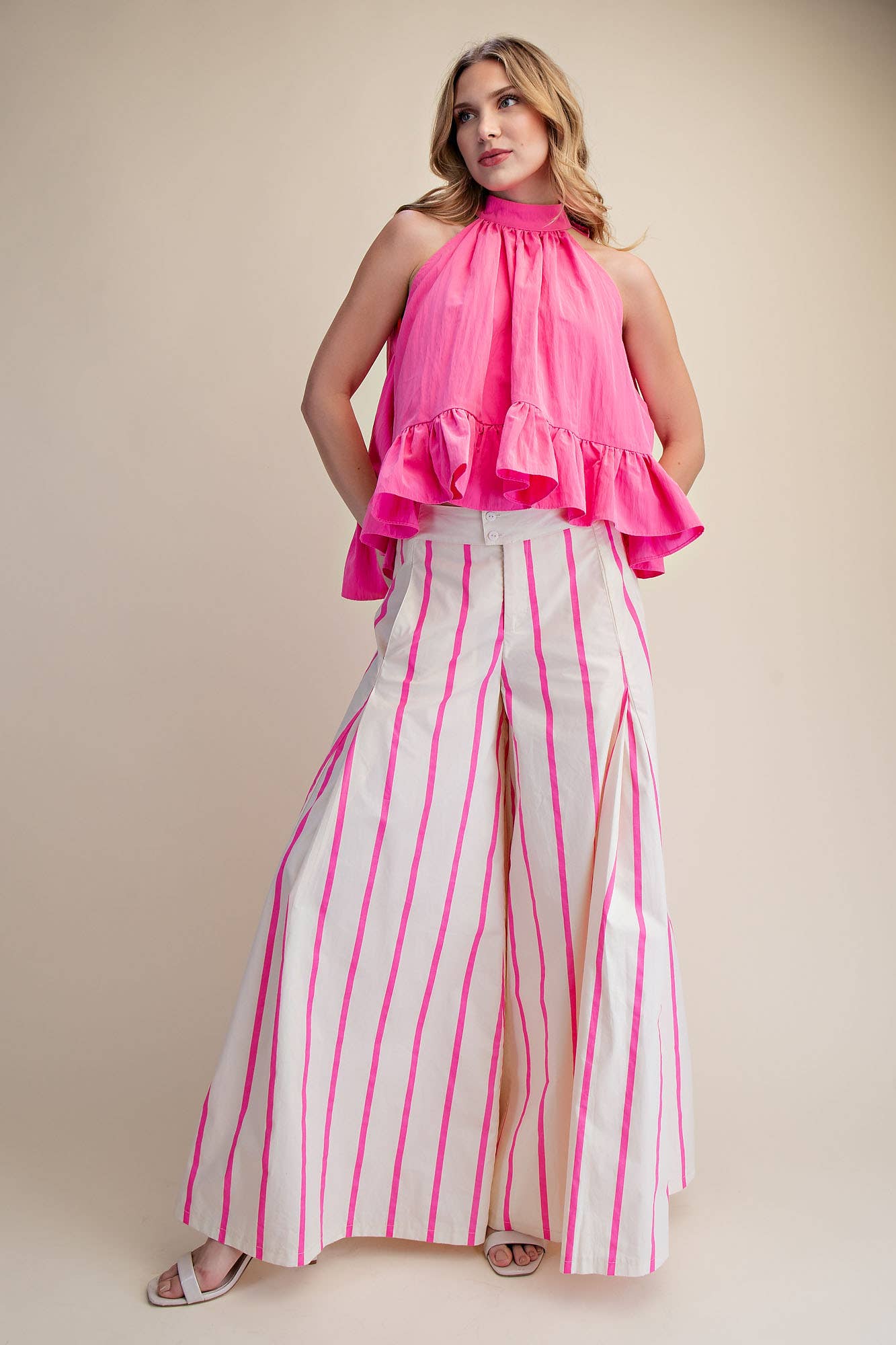 Halter Neck Sleeveless Back Neck Tie Ruffle Top: Hot Pink / M