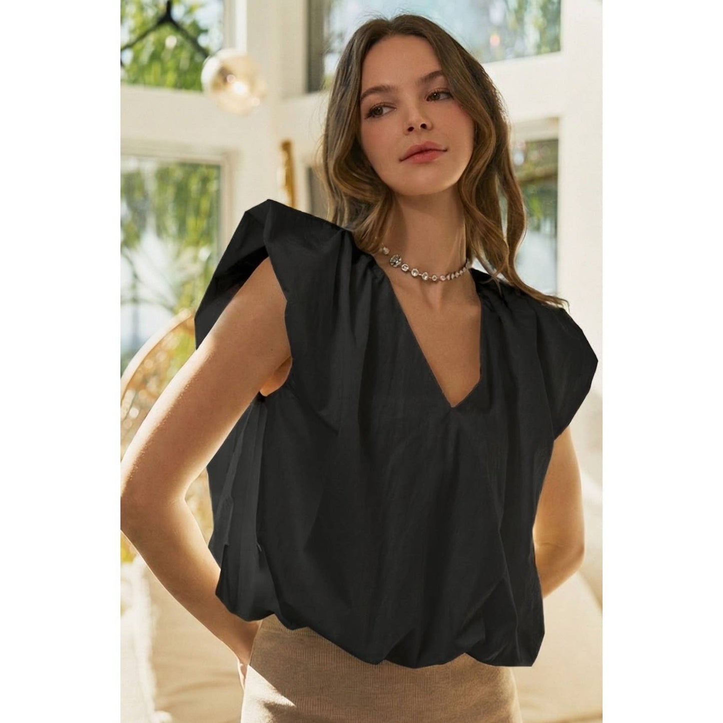 Quiet Elegance Sleeveless V Neck Blouse Top: SMOKY BLACK / S-M-L-XL(2-2-2-2)