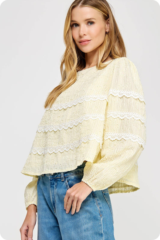 Contrast Lace Trim Detail Top: Muted Lime / M