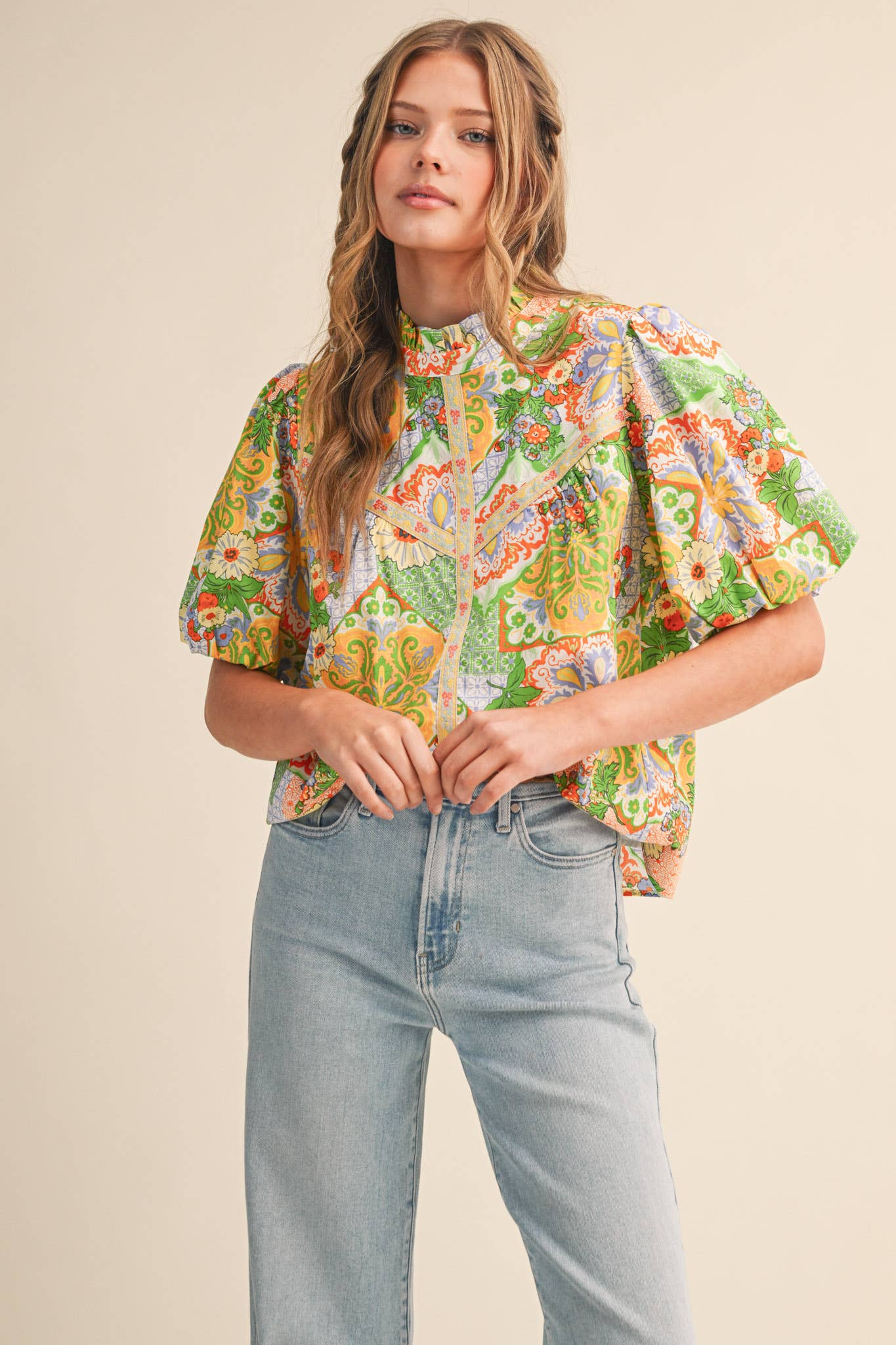 EXCLUSIVE FLORAL PRINT EMBROIDERY TRIM TOP MTP4610: ORANGE MULTI PAISLEY / M
