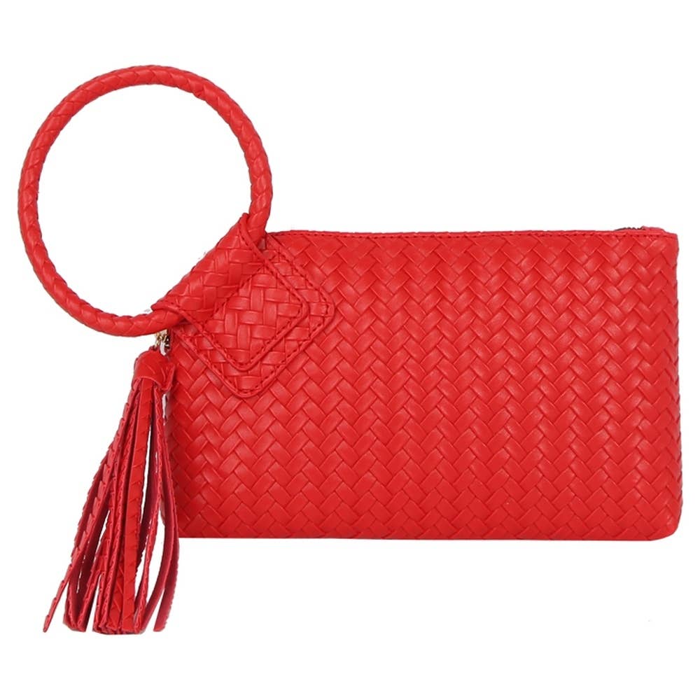 Faux Leather Woven Fringe Cuff Handle Clutch Bag: BK