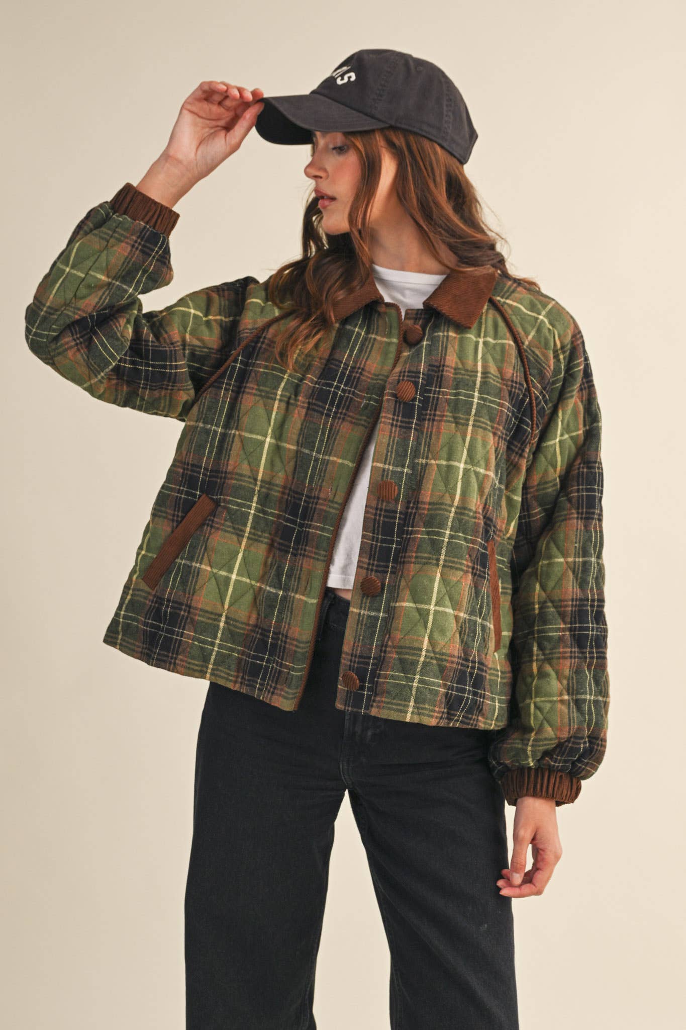 PLAID QUILTED JACKET WITH CONTRAST CORDUROY DETAIL MJK4115: Olive Multi Plaid / M