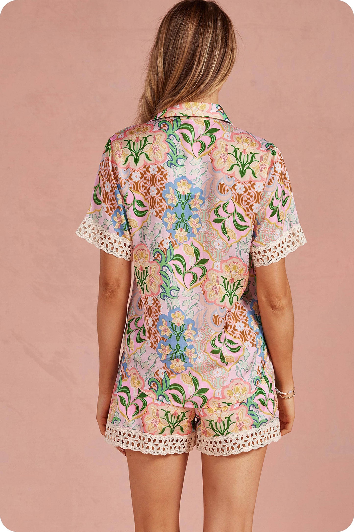 Garden Party Crochet Contrast Trim Satin Shirt: Multi / L