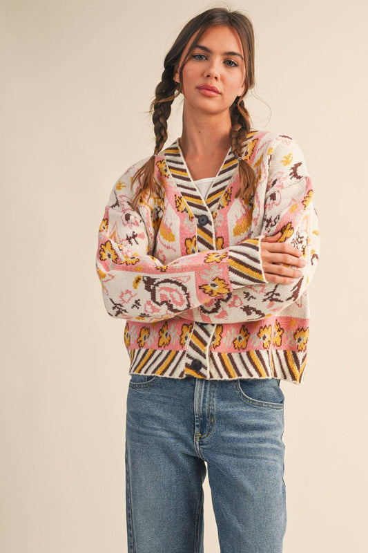 PAISLEY KNIT SWEATER CARDIGAN MSW11102: Ivory Coral Multi / M