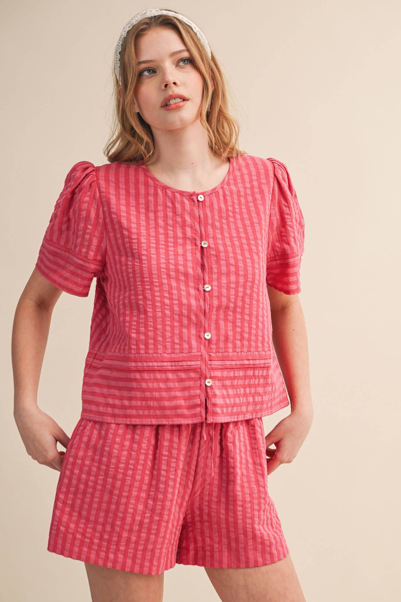 STRIPED BUTTON UP TOP AND SHORTS SET MPST4488: YELLOW PINK STRIPE / L