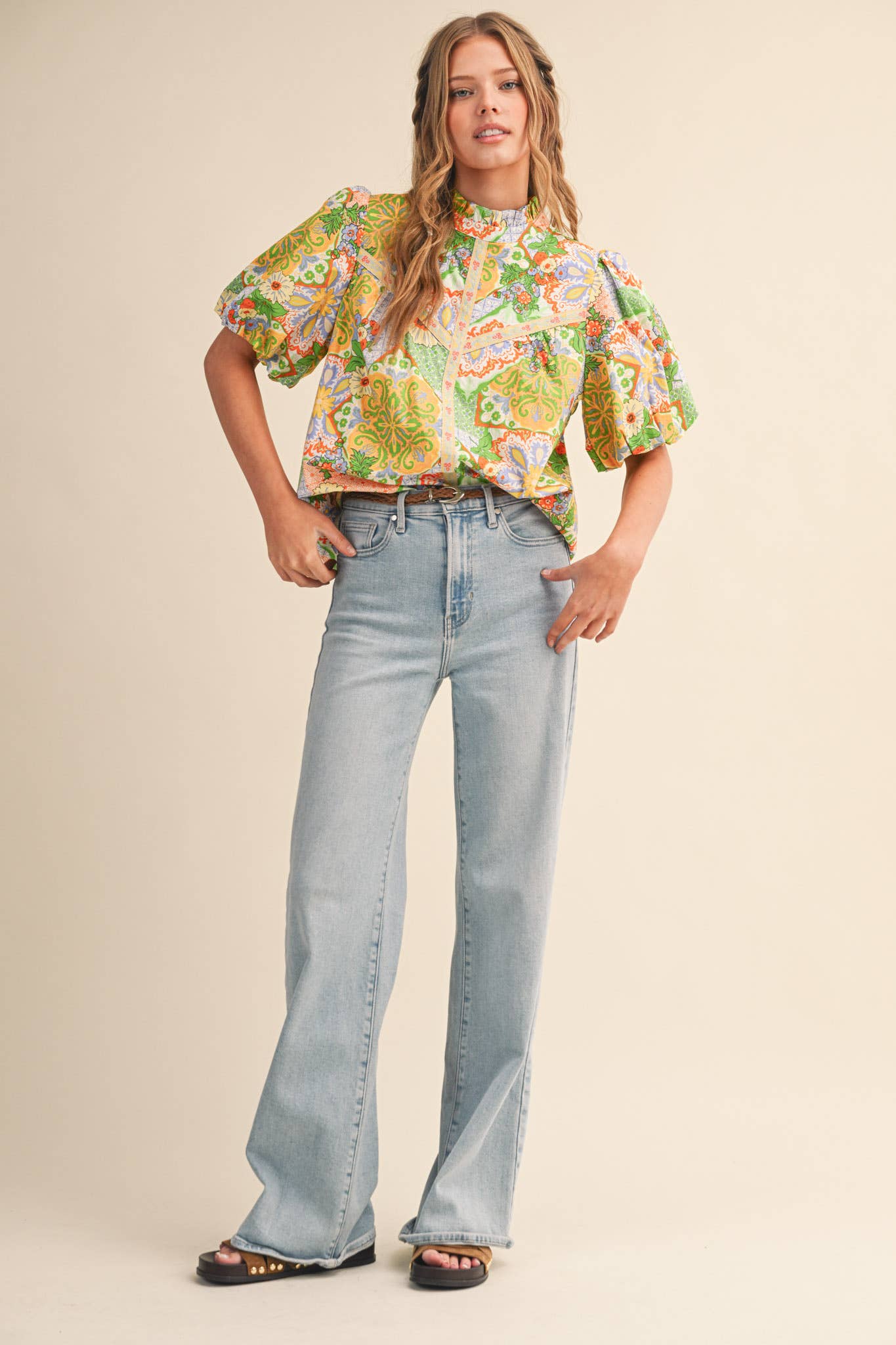 EXCLUSIVE FLORAL PRINT EMBROIDERY TRIM TOP MTP4610: ORANGE MULTI PAISLEY / L
