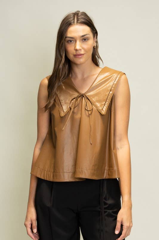SOT1241 Faux Leather Sailor Collar Top: Black / S-M-L (2-2-2)