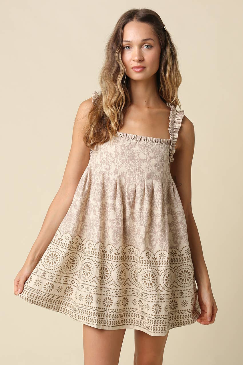 Chloe Printed Babydoll Mini Dress: Natural Khaki / Contemporary / M