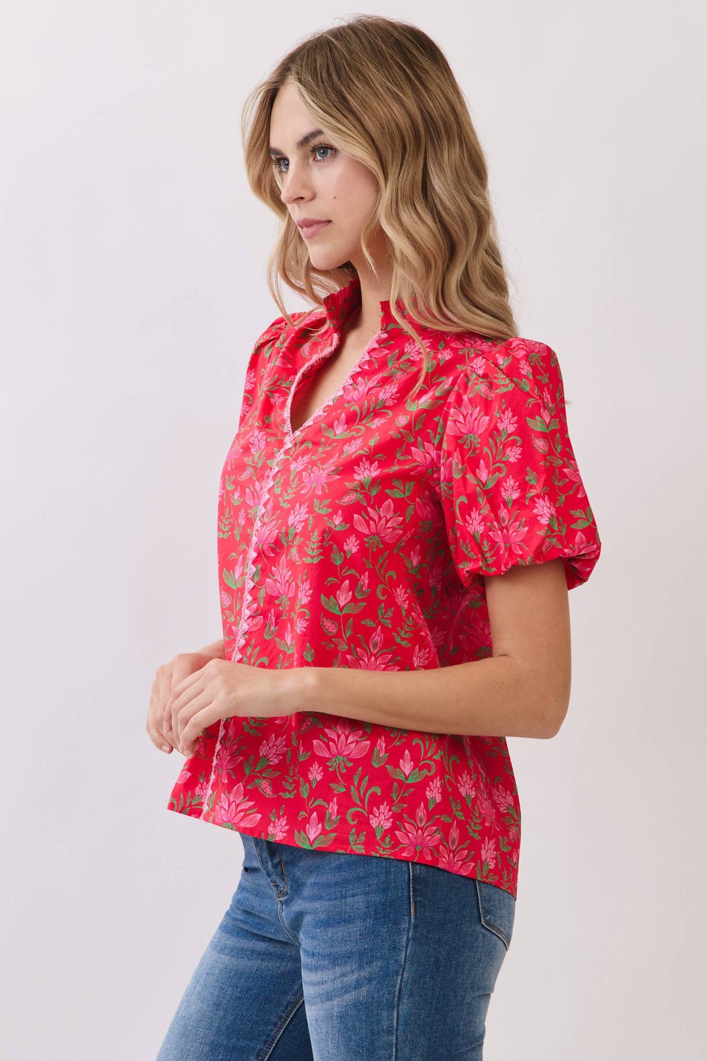 CT10048-Floral Print Puff Sleeve Blouse: RED / M