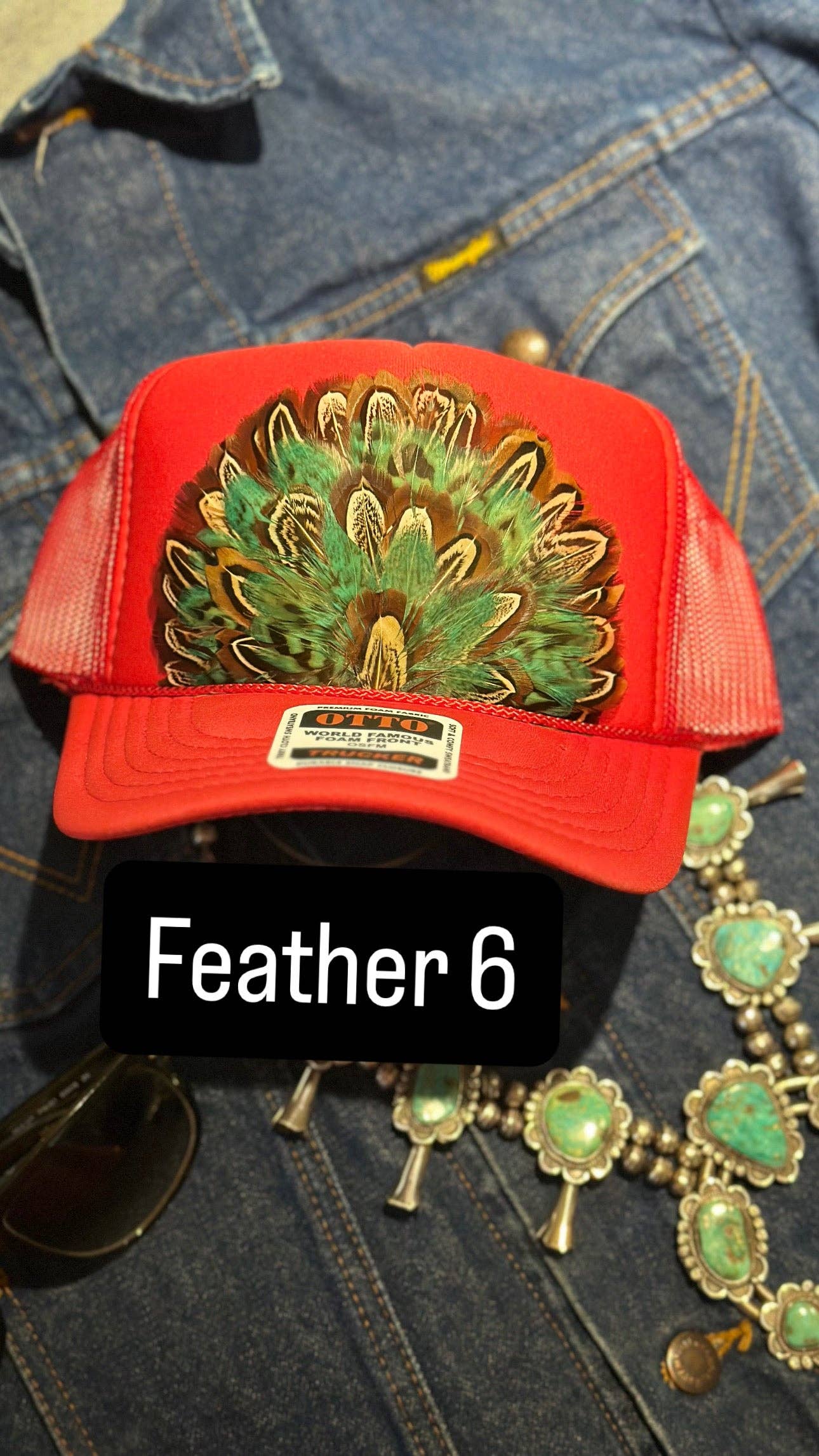 RED FEATHER TRUCKER HAT: No Faux Turquoise / Feather 2