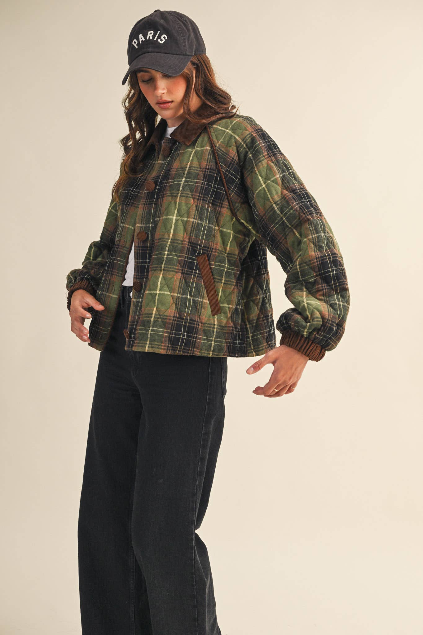PLAID QUILTED JACKET WITH CONTRAST CORDUROY DETAIL MJK4115: Olive Multi Plaid / M