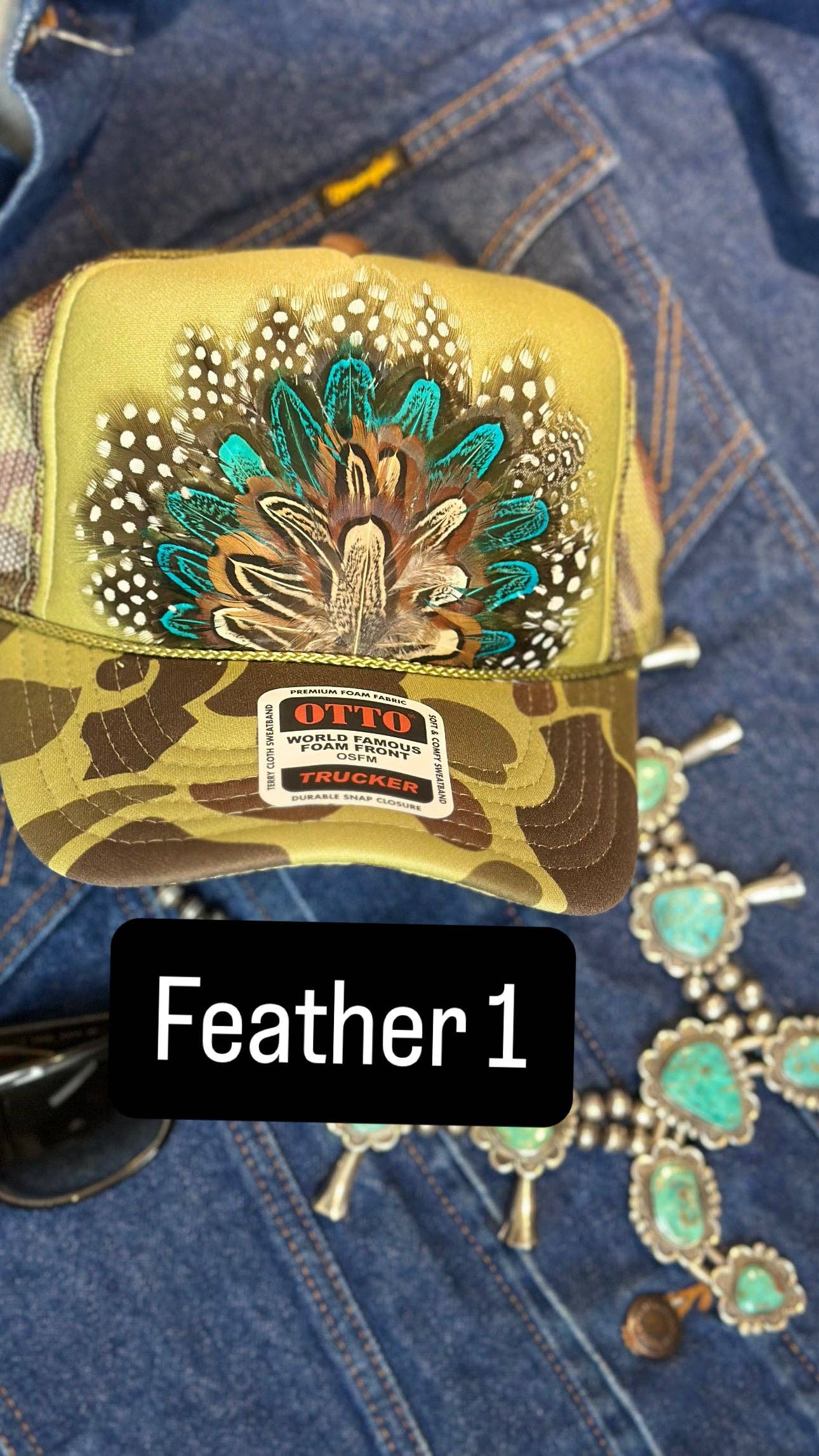 GREEN CAMO CAMOUFLAGE FEATHER TRUCKER HAT: With Faux Turquoise / Feather 8