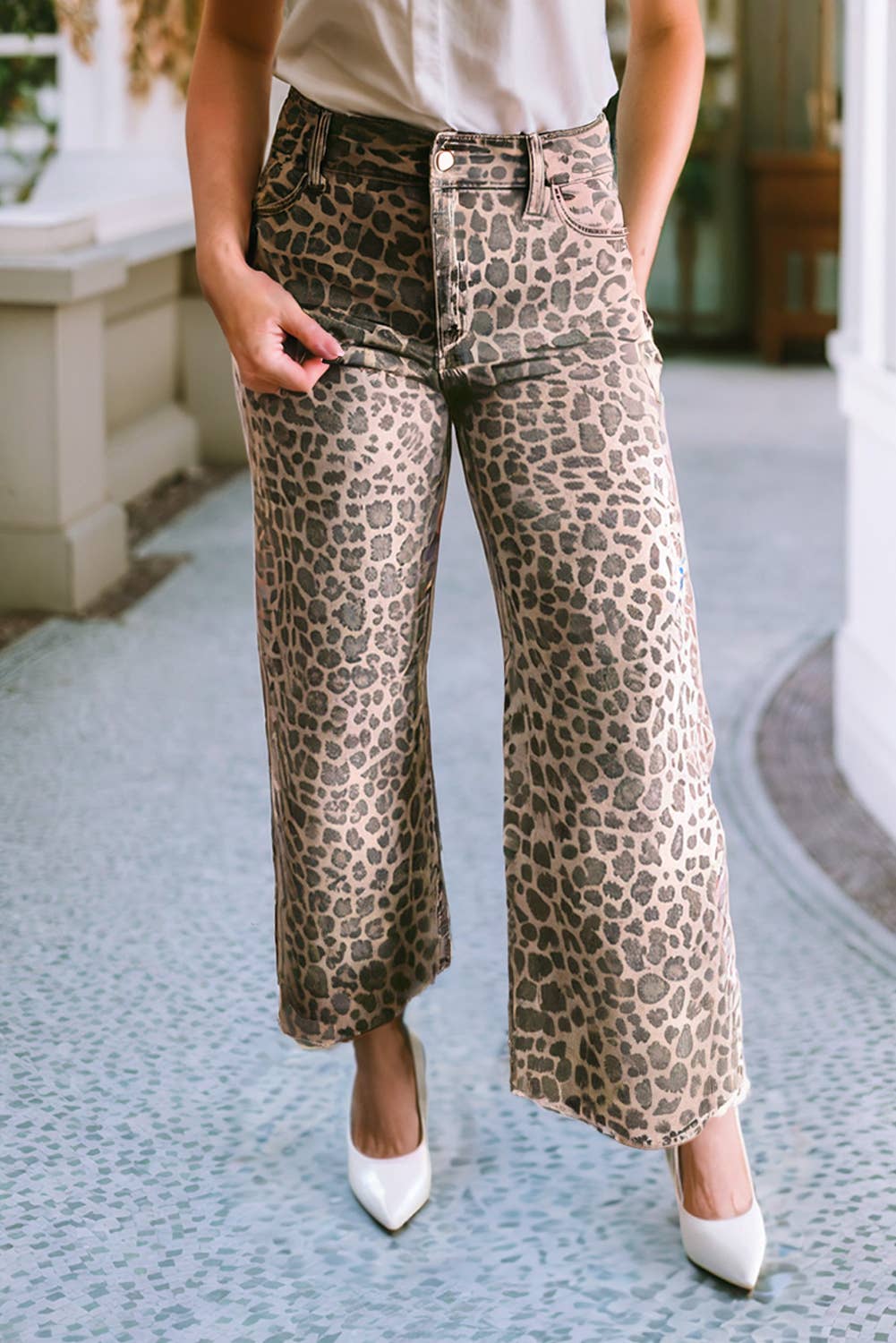LDC Leopard Frayed Edge Wide Leg High Waist Jeans: Brown / 8