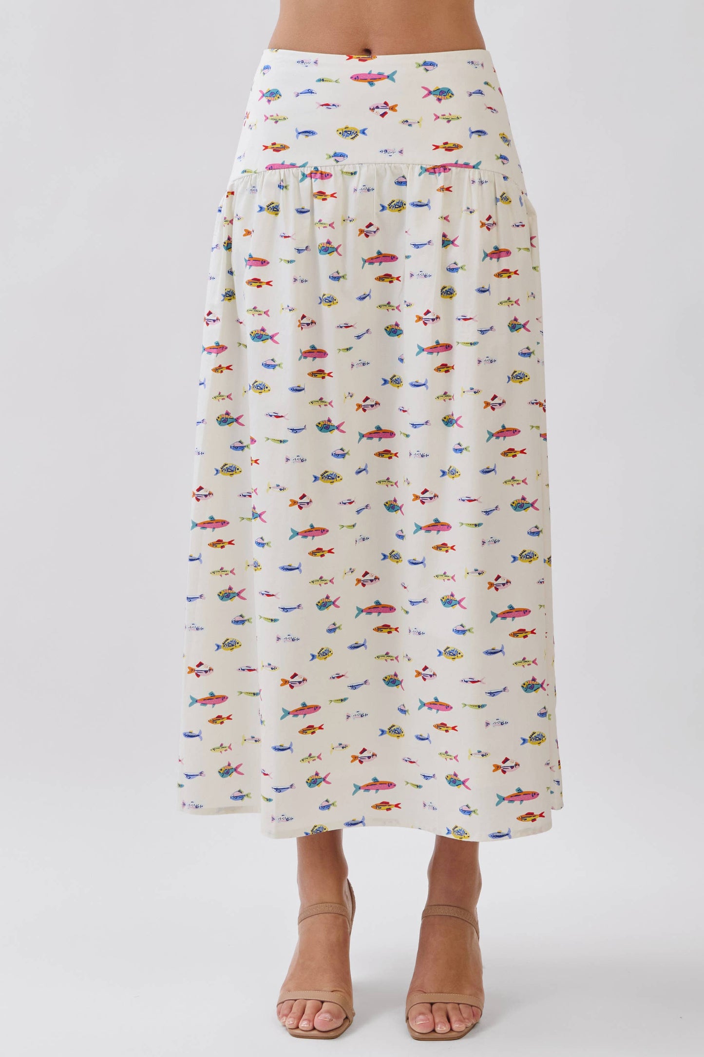 CS4065-Colorful Fish Print Drop Waist Maxi Skirt: Cream / S