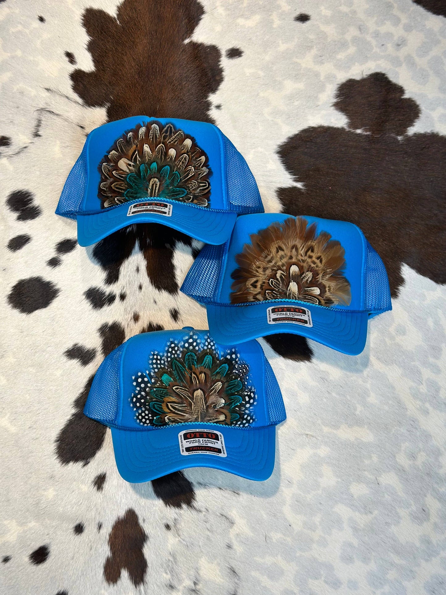 FEATHER TRUCKER HAT BRIGHT BLUE: No Faux Turquoise / Feather 7