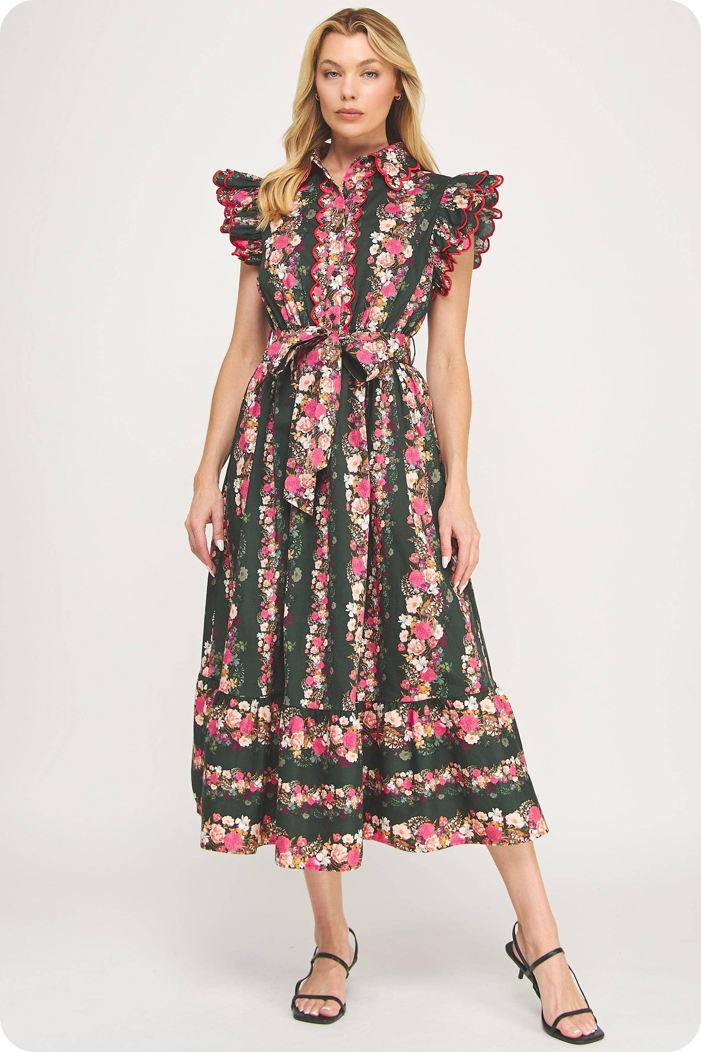 Ruffle Scallop Embroidery Floral Midi Dress: Deep Green/pink Multi / M