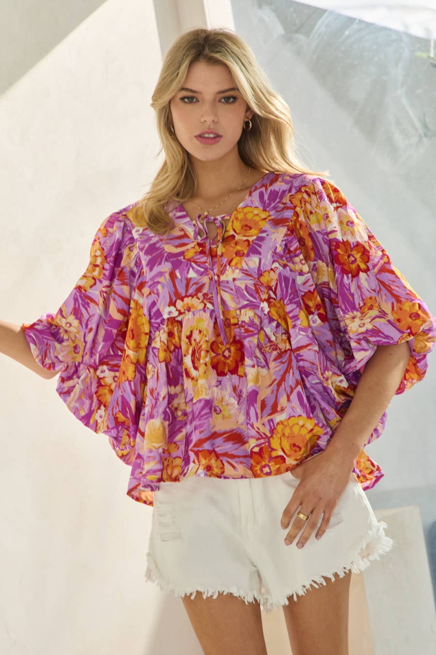 Printed Blouse With Wide Bubble Sleeve: Olive Garden / M