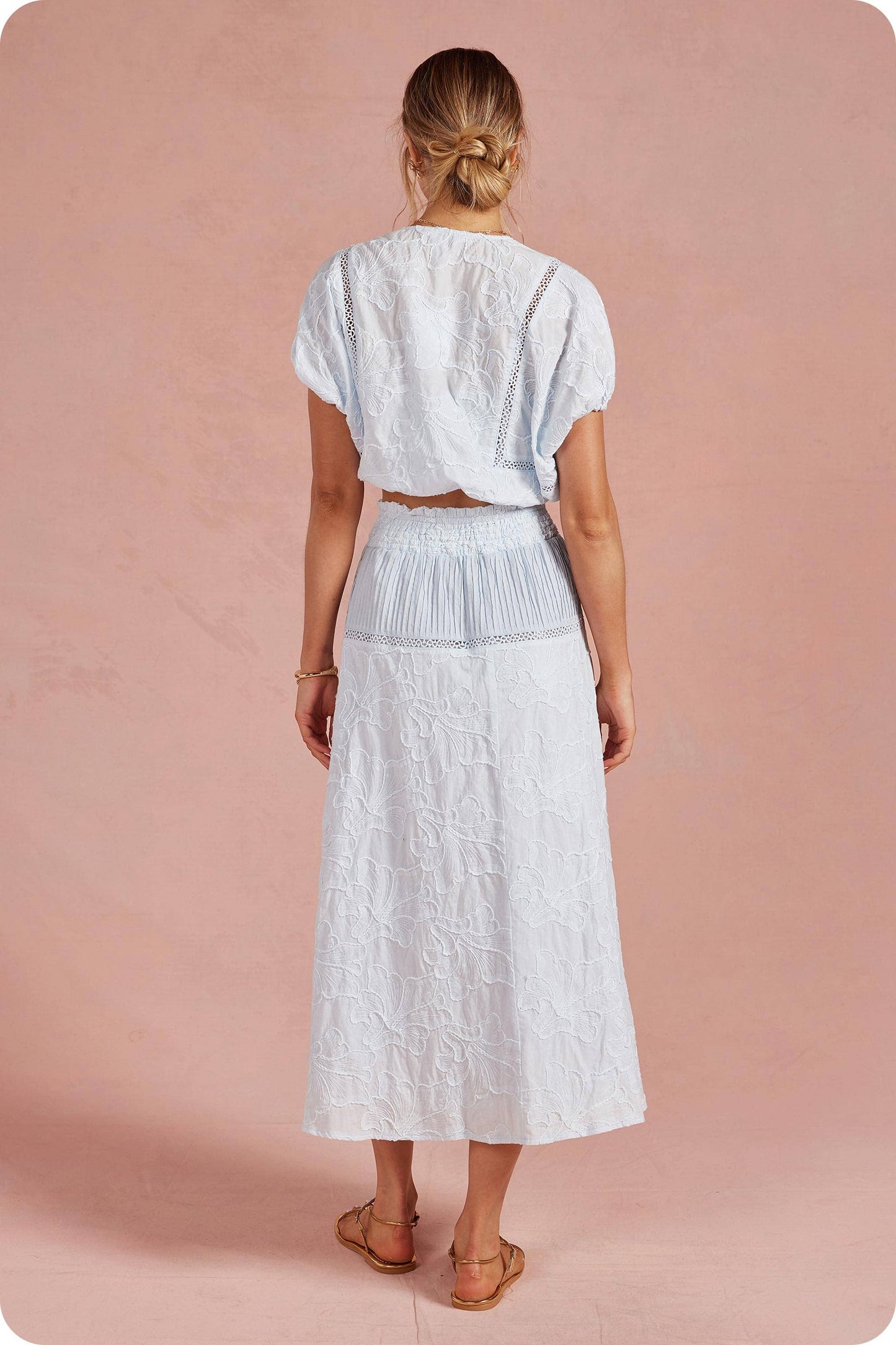 Floral Embroidery Cotton Lace Trim Skirt Top Set: Crystal Blue / M