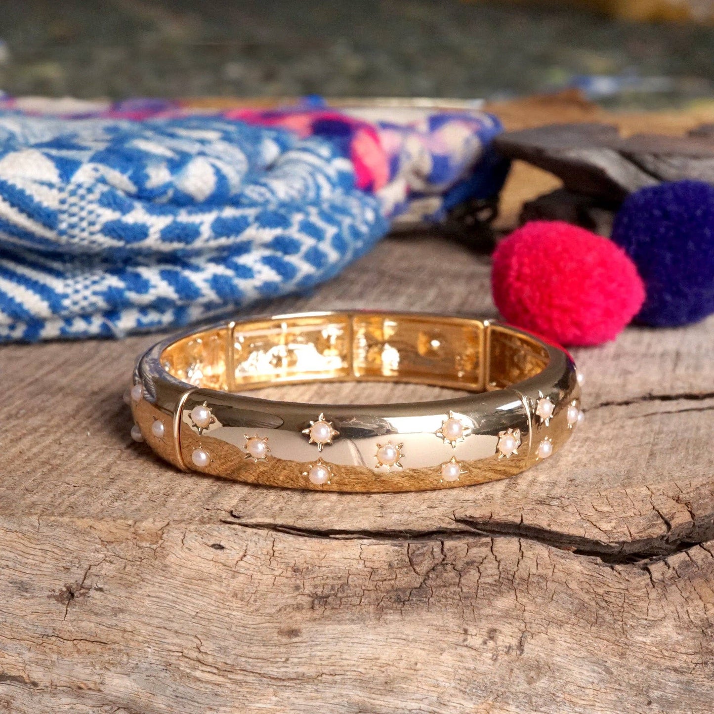 Gold-Tone Eternity Stretch Bangle – Pearls, Turquoise, or Crystals: Wide - Turquoise