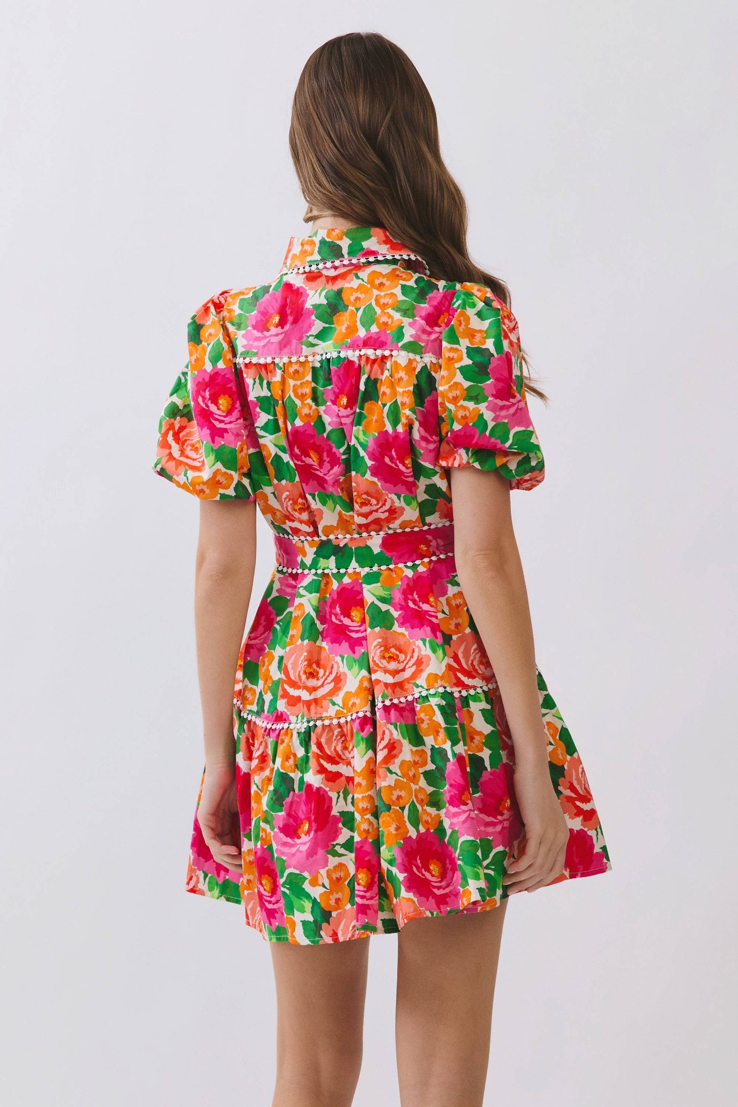 CD07183-Floral Puff Sleeve Button Down Mini Dress: MULTI / M