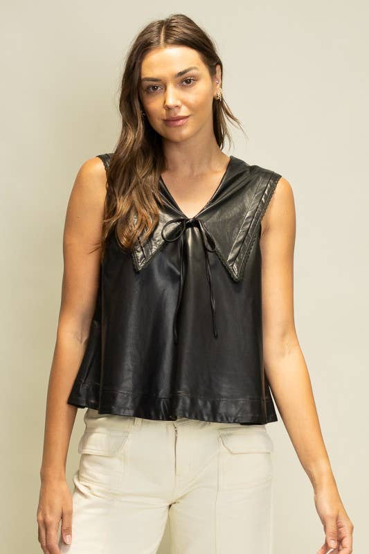 SOT1241 Faux Leather Sailor Collar Top: Black / S-M-L (2-2-2)
