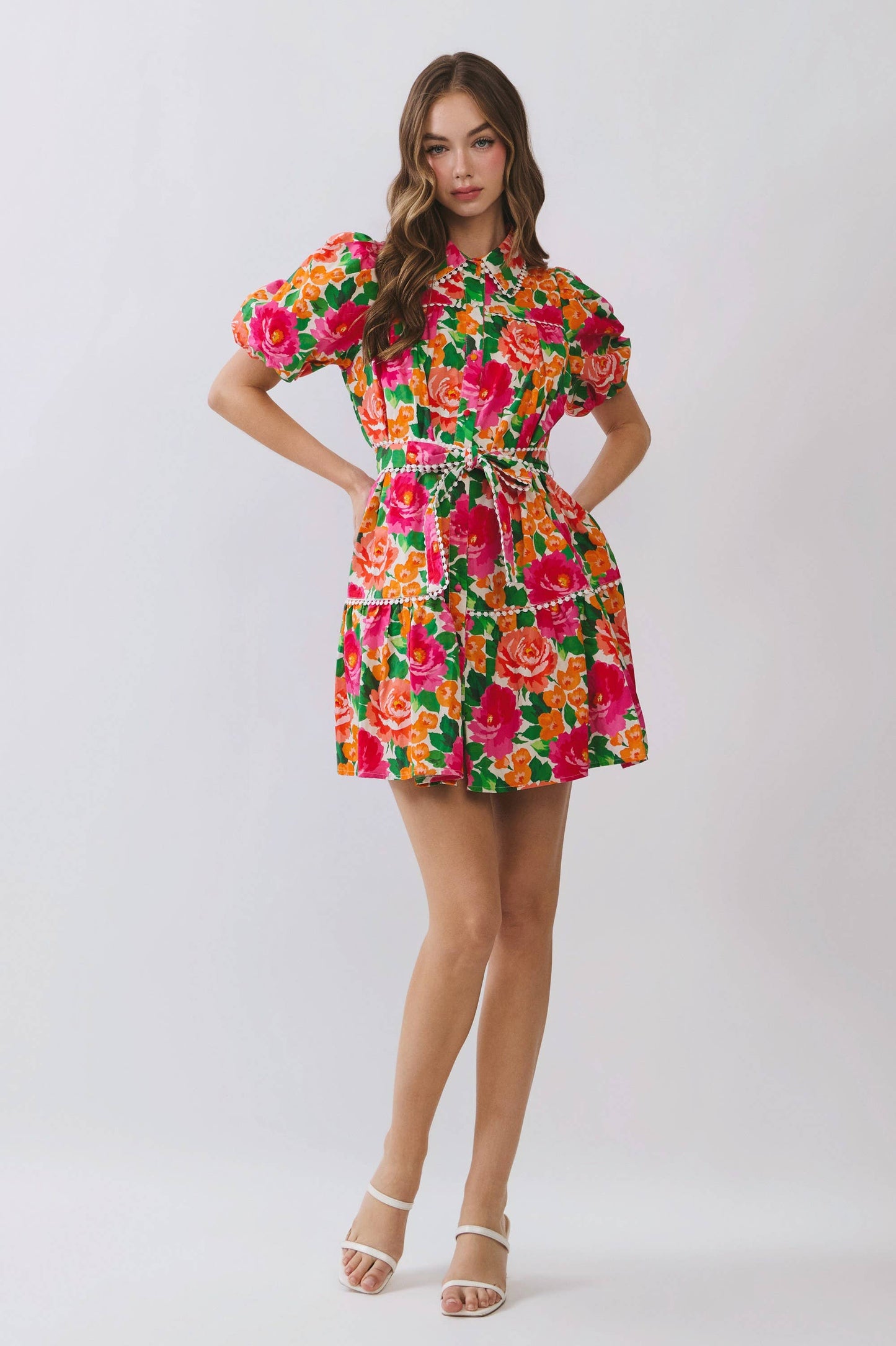 CD07183-Floral Puff Sleeve Button Down Mini Dress: MULTI / M