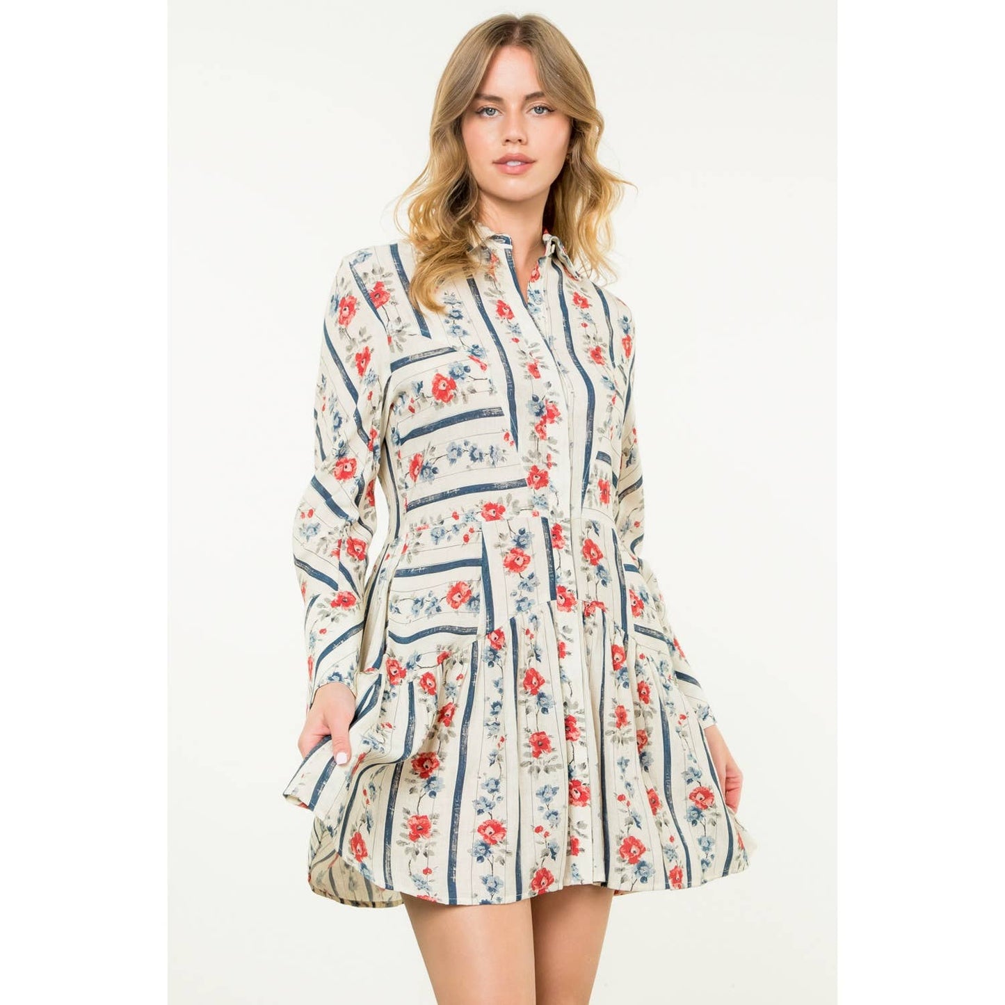 Long Sleeve Floral Dress: CREAM / XS-S-M-L(1-2-2-1)