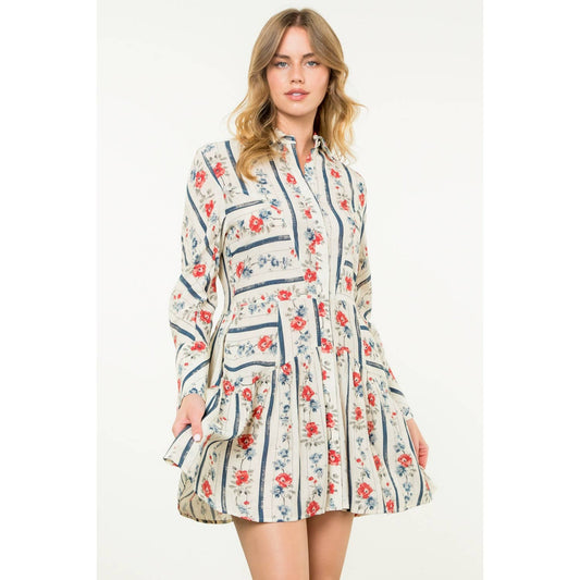 Long Sleeve Floral Dress: CREAM / XS-S-M-L(1-2-2-1)