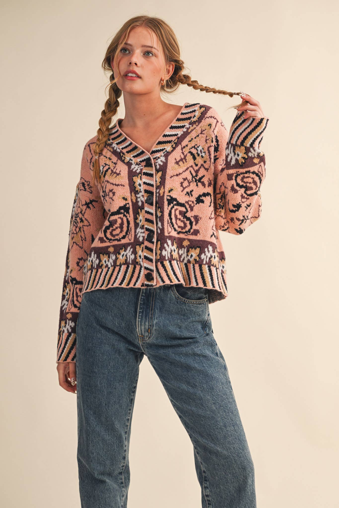 PAISLEY KNIT SWEATER CARDIGAN MSW11102: Ivory Coral Multi / L