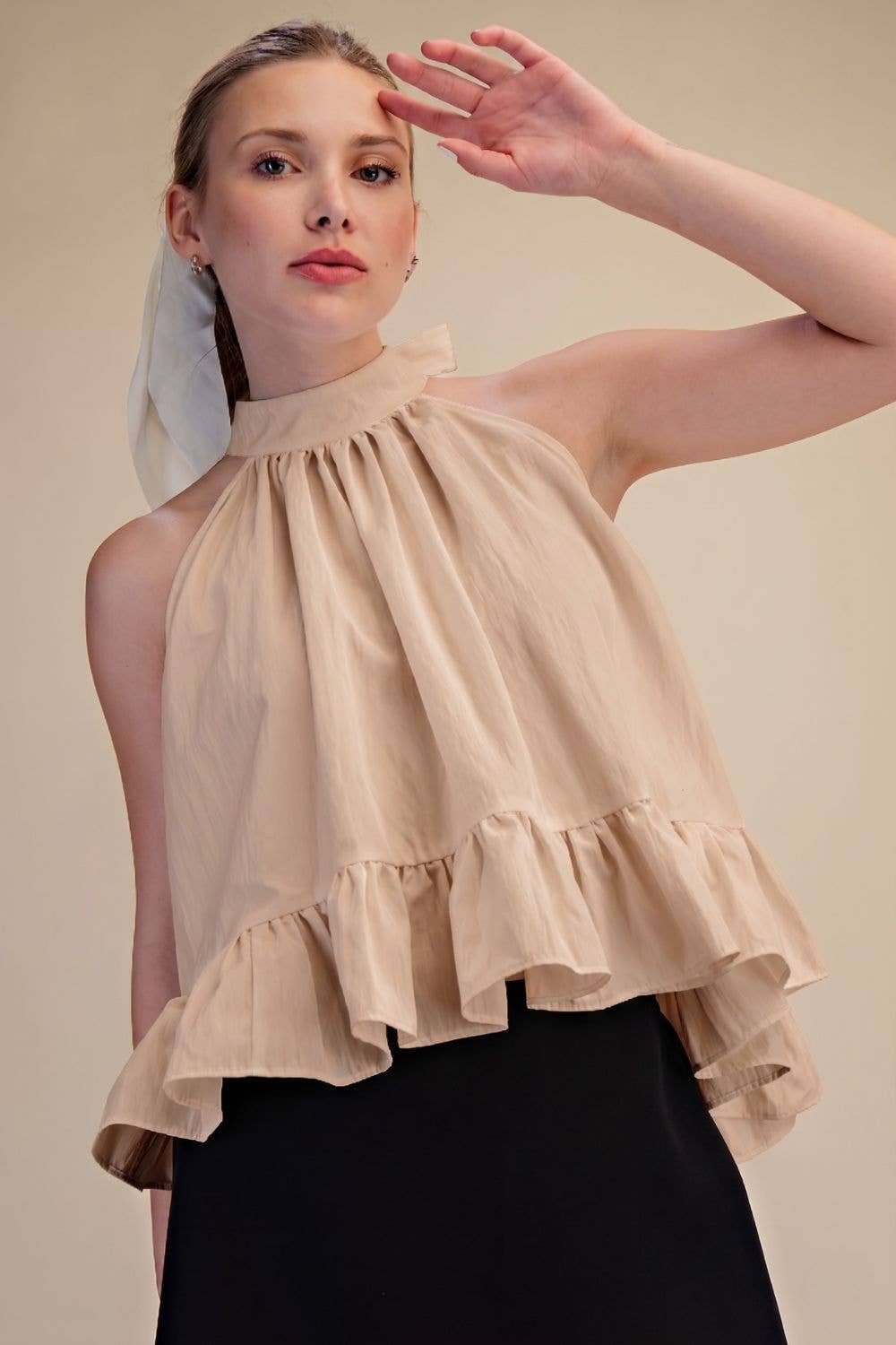 Halter Neck Sleeveless Back Neck Tie Ruffle Top: Hot Pink / S