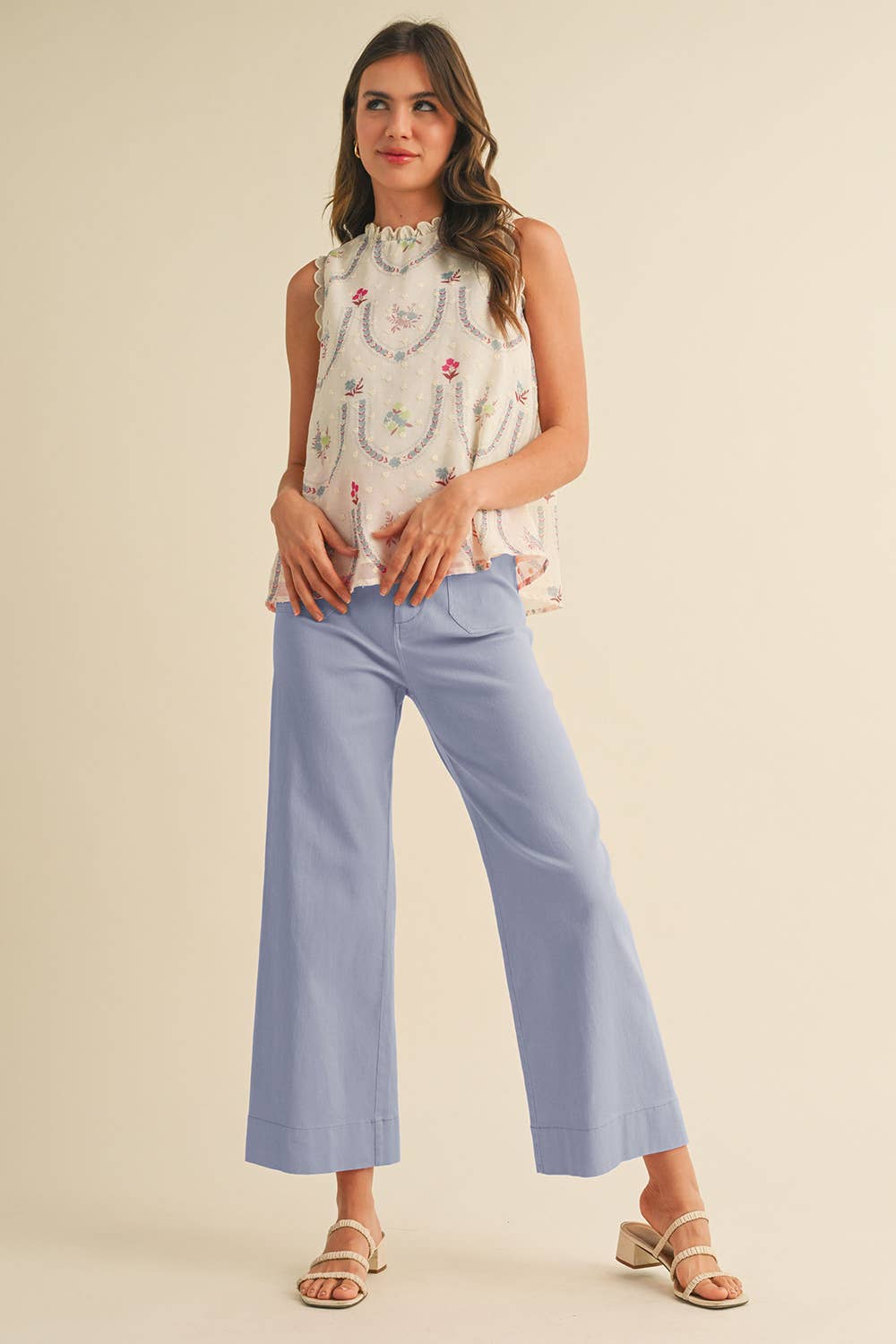 HIGH WAIST CROPPED WIDE LEG PANTS MP3303: Conflower Blue / L
