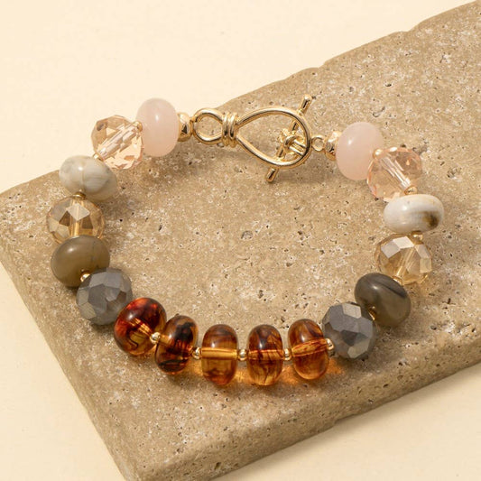 Mixed Faceted And Marble Resin Disc Beaded Toggle Bracelet: NAT