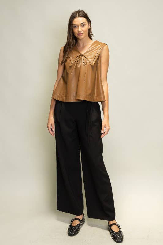 SOT1241 Faux Leather Sailor Collar Top: Black / S-M-L (2-2-2)