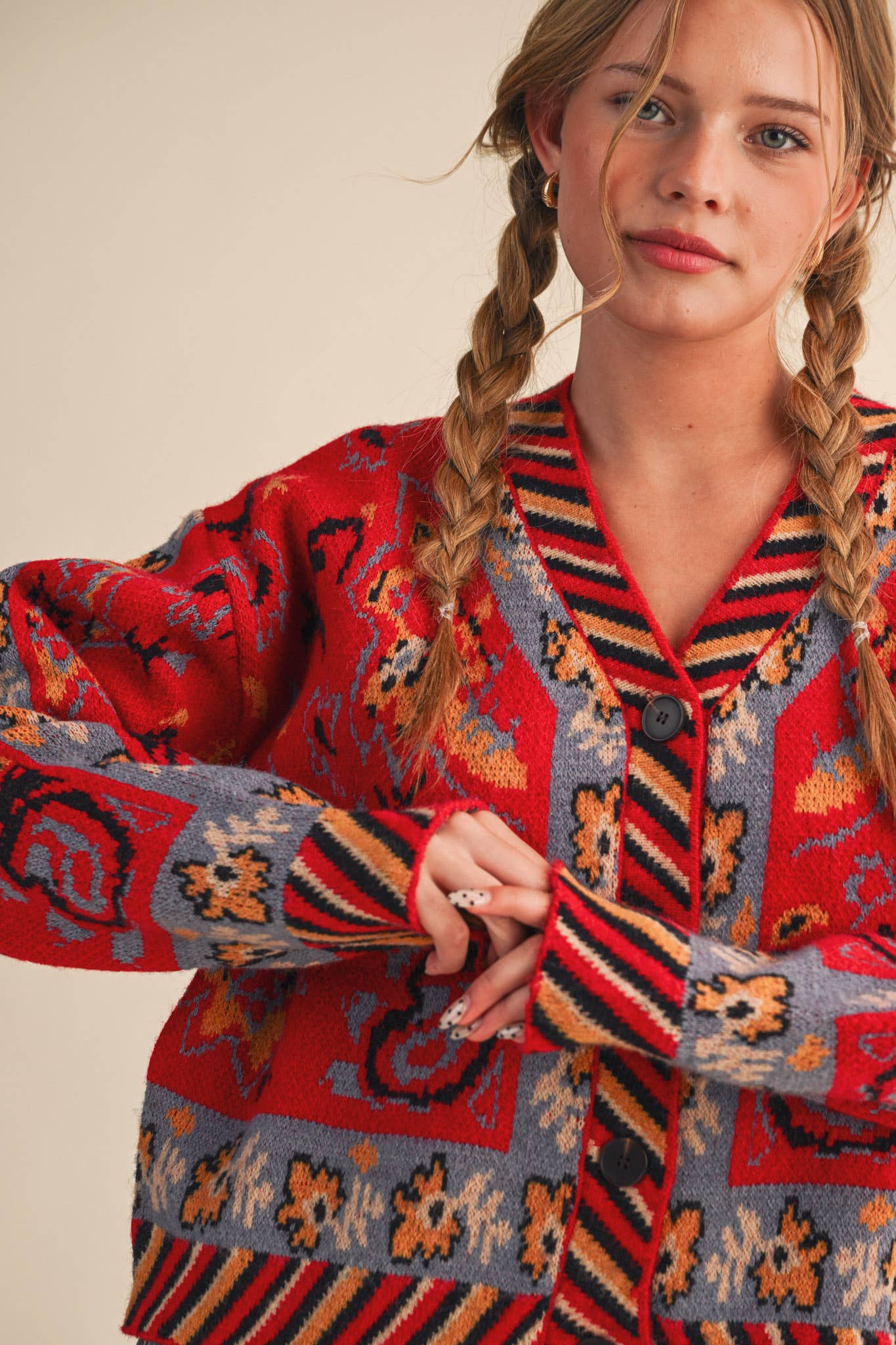 PAISLEY KNIT SWEATER CARDIGAN MSW11102: Ivory Coral Multi / S