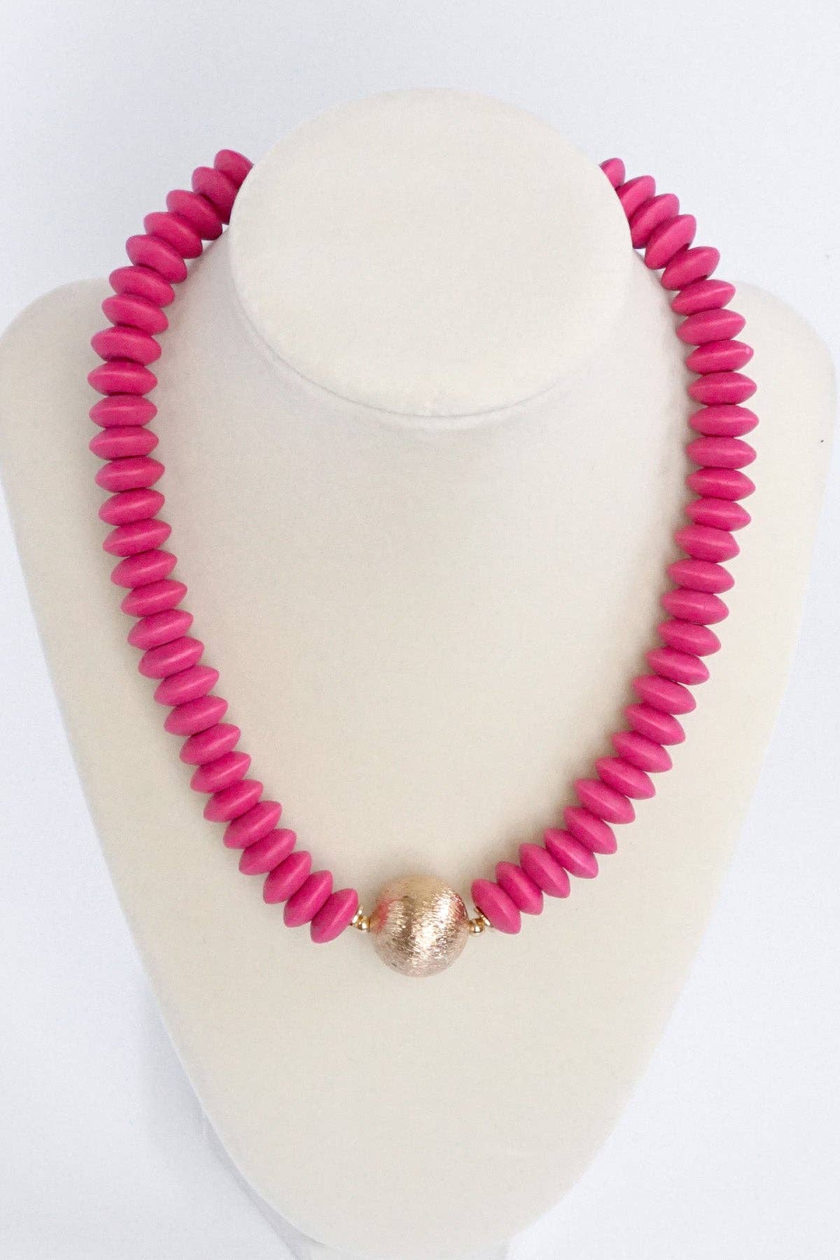 Wood Saucer Beads Short Statement Necklace Gold center Hot Pink Beige: Beige