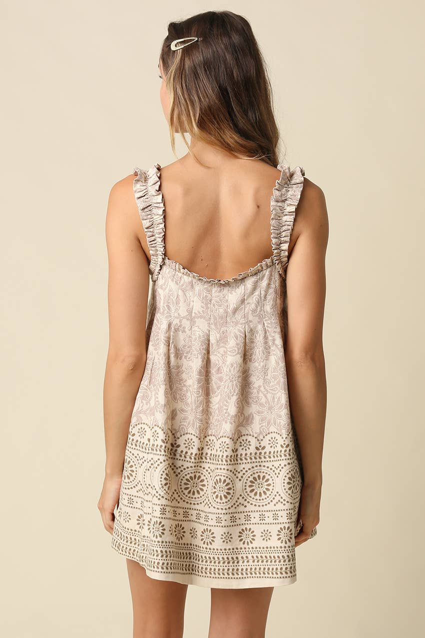 Chloe Printed Babydoll Mini Dress: Natural Khaki / Contemporary / L