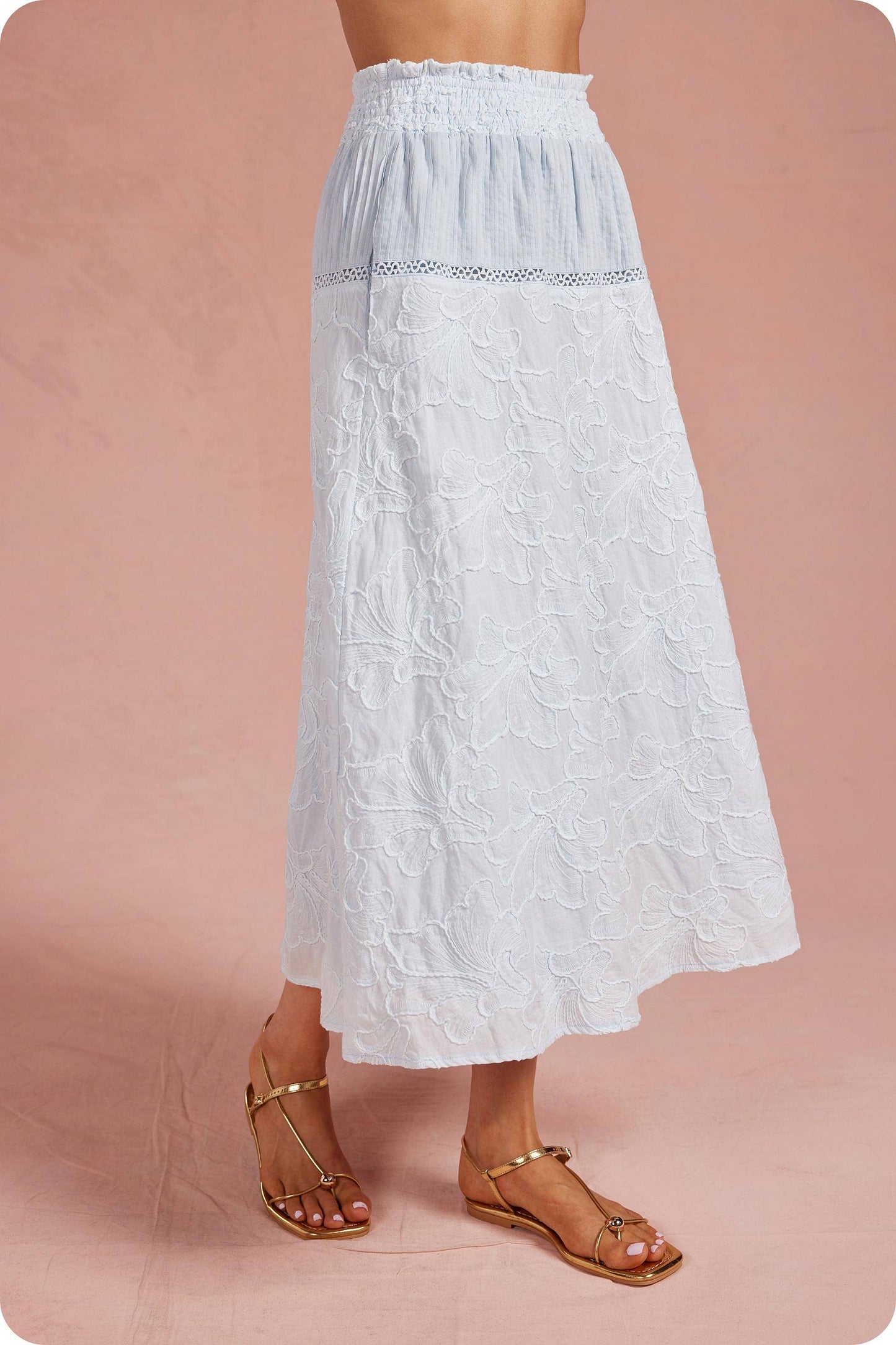 Floral Embroidery Cotton Lace Trim Skirt Top Set: Crystal Blue / M
