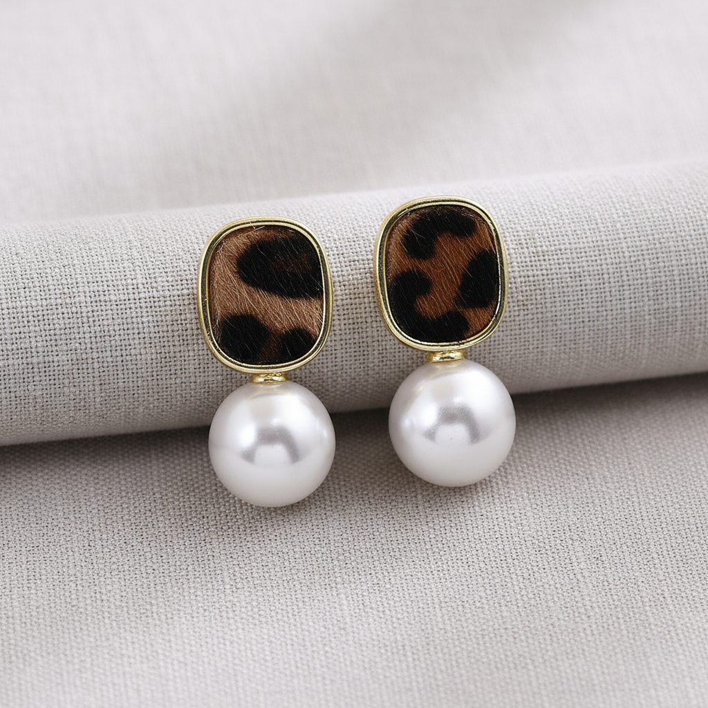 Vintage Leopard Print Pearl Bow Earrings