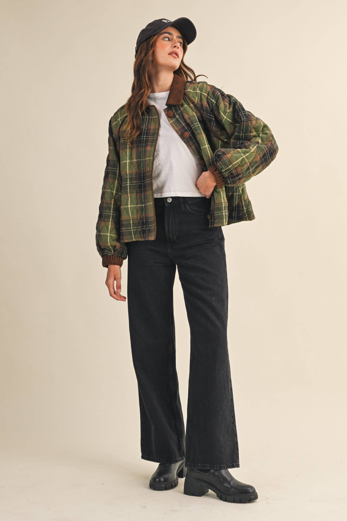 PLAID QUILTED JACKET WITH CONTRAST CORDUROY DETAIL MJK4115: Olive Multi Plaid / M