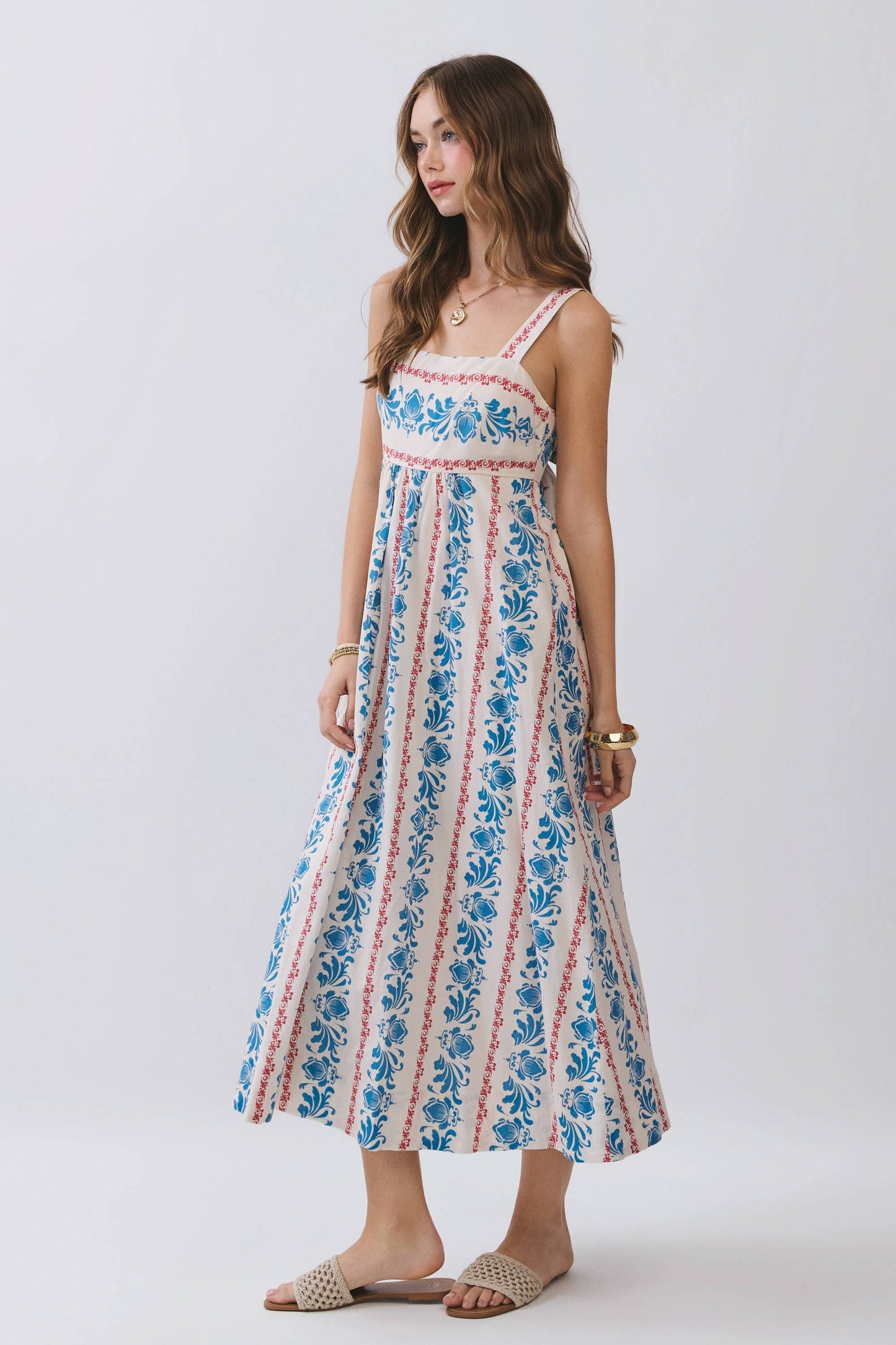 CD07119-Floral Stripe Print Square Neck Midi Dress : Blue / M