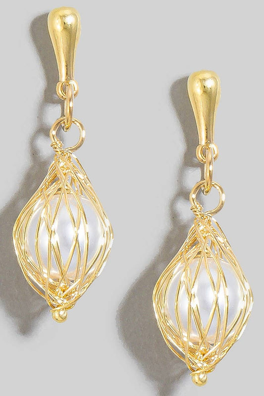Wire Cage Pearl Bead Charm Dangle Earrings: G