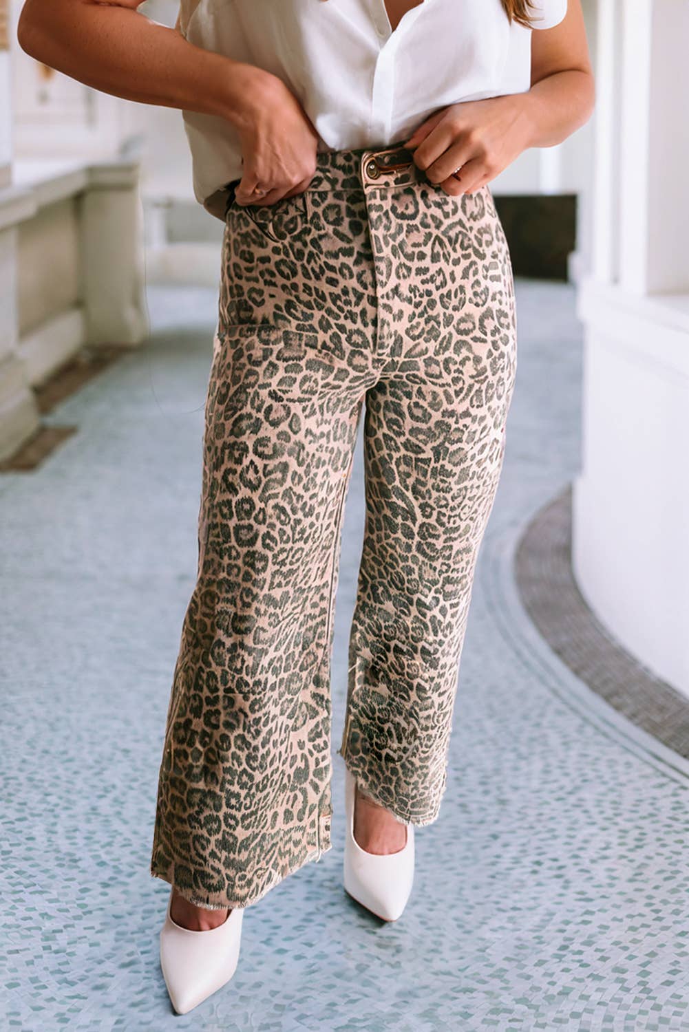 LDC Leopard Frayed Edge Wide Leg High Waist Jeans: Brown / 8