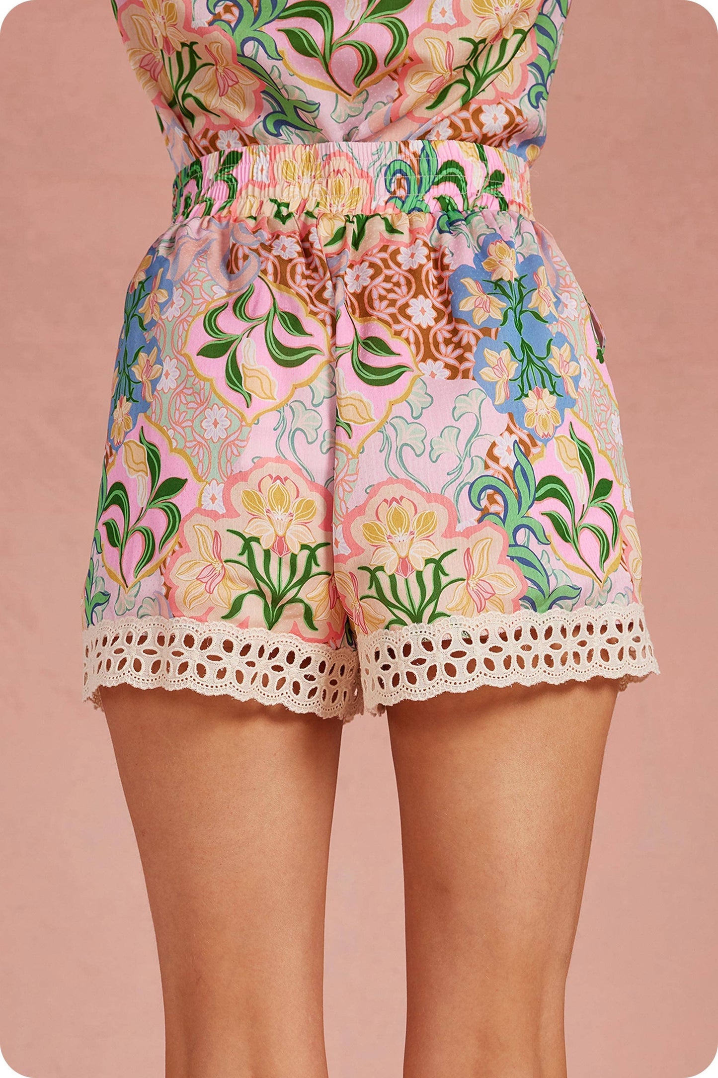 Garden Party Crochet Trim Satin Shorts: Multi / M