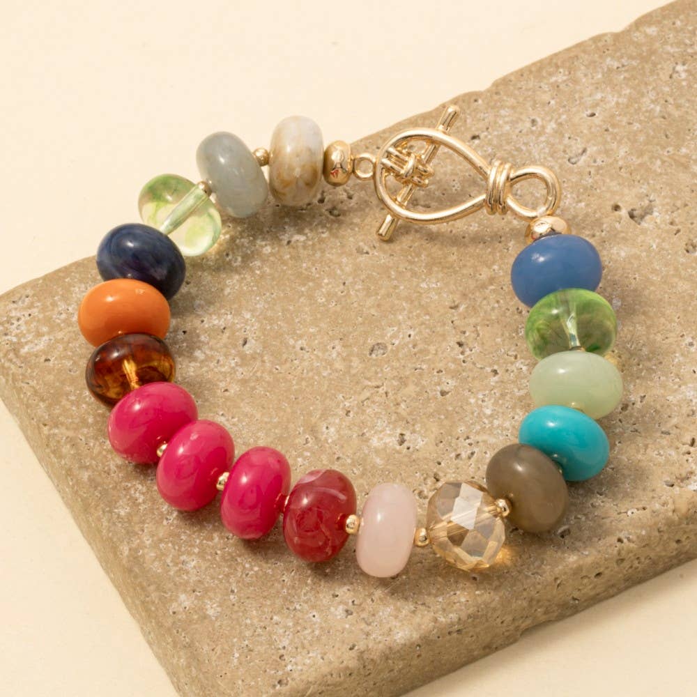 Mixed Faceted And Marble Resin Disc Beaded Toggle Bracelet: MUL