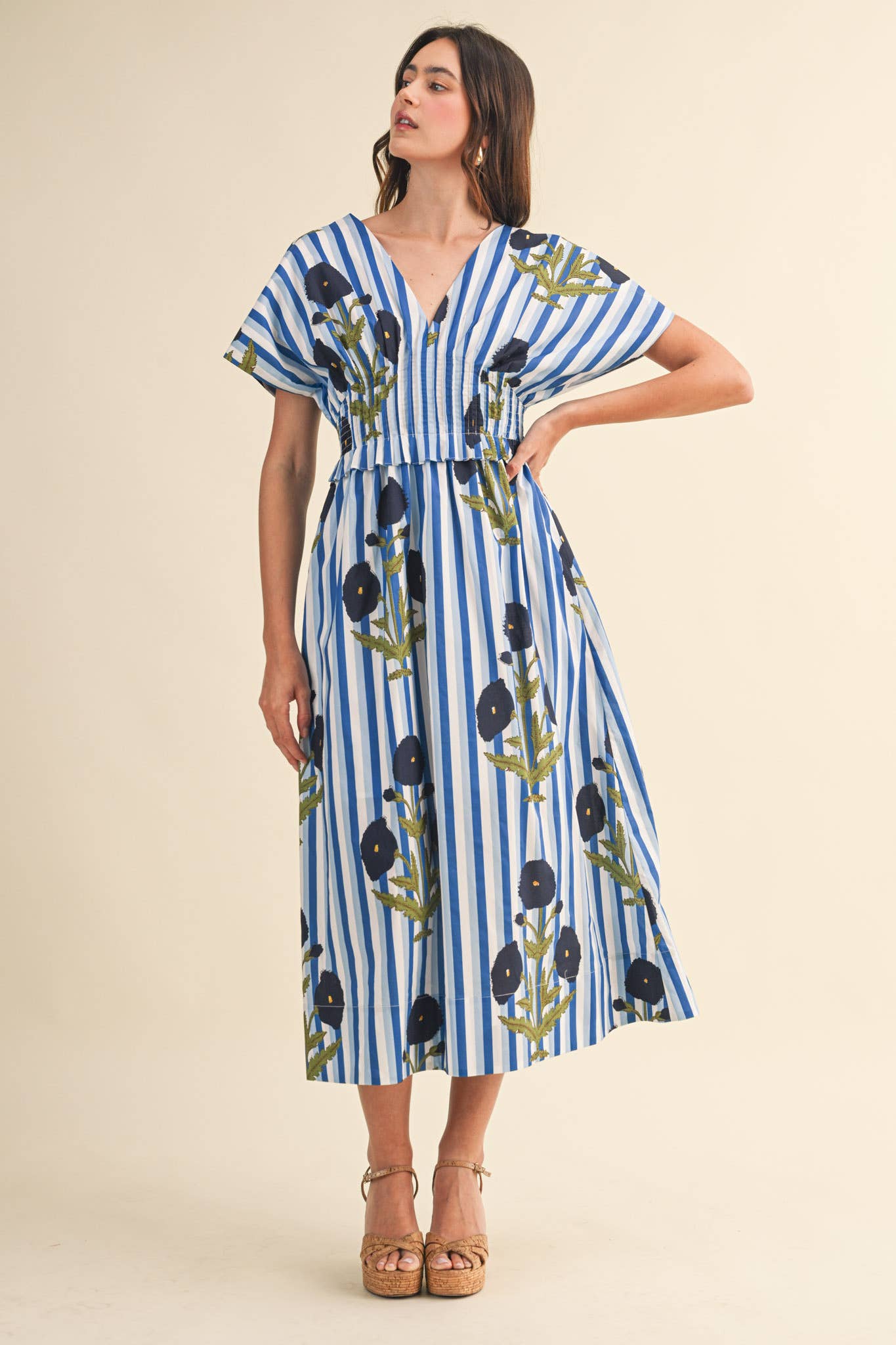 STRIPED FLORAL PIN TUCK WAIST MIDI DRESS MDR4787: BLUE FLORAL STRIPE / M
