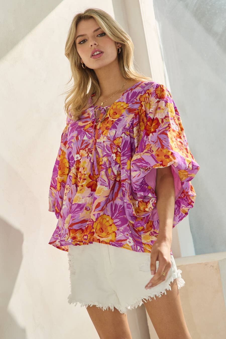 Printed Blouse With Wide Bubble Sleeve: Olive Garden / S